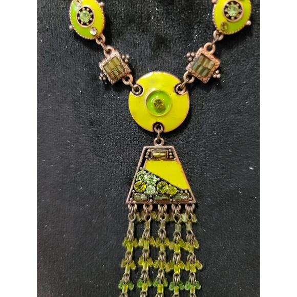 Vintage Green Rhinestone Fringe Necklace Copper Tone Boho Statement Jewelry - Picture 5 of 7